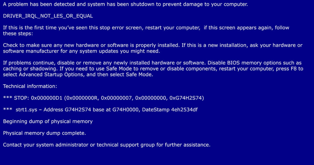 blue screen of death upon startup
